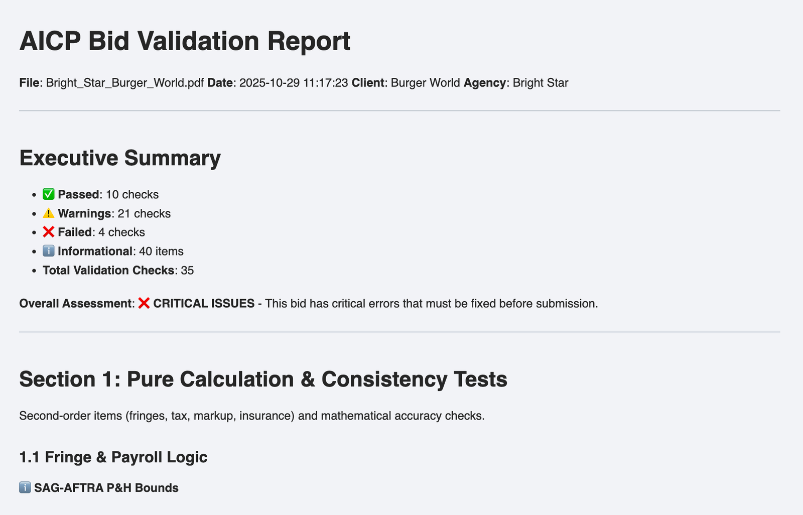 AICP Bid Validation Report showing critical issues detected